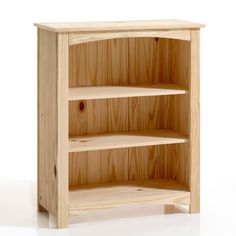 a wooden book shelf with three shelves on each side and no one in the room