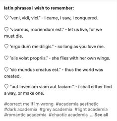 an instagram page with the words latin phrases and their meaning in english, spanish, and french