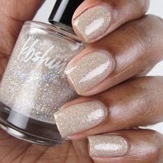 We dare you to call this vanilla shade boring. This mega flame polish is loaded with holographic sparkle set against a soft tan base. This shade is perfect in 2-3 coats and will make filing a pleasure. Type: Mega Flame Base: 5-Free Glitter Load: Heavy Glitter Size: Micro to Small Recommended Coats: 2 Coats Notes: For best results follow with a quick-dry top coat. Ethyl Acetate, Butyl Acetate, Nitrocellulose, Adipic Acid/Neopentyl Glycol/Trimellitic, Anhydride Copolymer, Isopropyl Alcohol, Acetyl White Sparkle Nails, Gold Sparkle Nails, Nail Dipping Powder Colors, Wedding Nail Polish, Champagne Nails, Sparkle Nail Polish, Tan Nails, Mickey Nails, Gold Glitter Nails