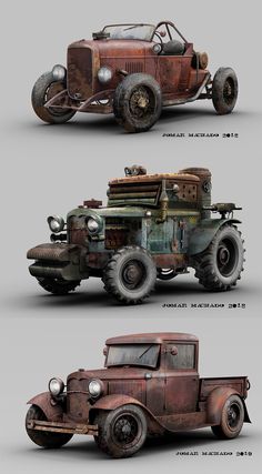 an old truck is shown in three different views