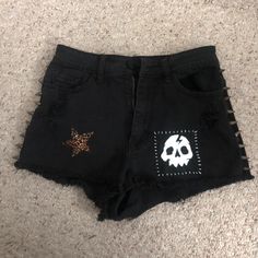 made with handmade patches and thrifted bdg spiked shorts - HANDWASH RECOMMENDED ! size 28, high-rise cheeky shorts Patched Shorts, Goth Shorts, Handmade Patches, Punk Shorts, Grunge Shorts, Shorts Diy, Handmade Patch, Cheeky Shorts, Diy Shorts