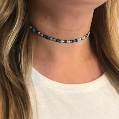 "This stunning seed bead choker necklace is inspired by the colors of the ocean. It is the perfect addition to add a touch of simple elegance to any outfit.  Hand beaded with a gorgeous mix of ceramic and glass seed beads on elastic stretch cord.  Nickle free lobster clasp closure with a 2\" extender allowing the necklace to be worn 14\" to 16\". Also available as an anklet, bracelet or long necklace. If there is another custom size not shown you would like please send me a message so I can crea Bohemian Choker Necklace, Summer Choker, Seed Bead Choker, Bead Choker Necklace, Mask Necklace, Dainty Choker, Bead Choker, Bohemian Necklace, Beaded Choker Necklace