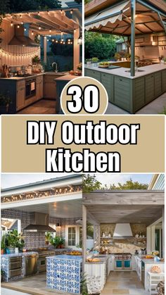 an outdoor kitchen is shown with the words 30 diy outdoor kitchen on top and below