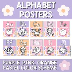 an alphabet poster with pink, orange and white flowers