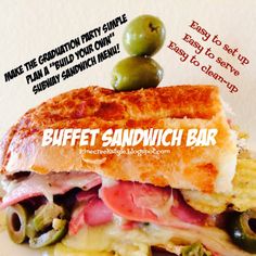 a sandwich with olives on the side and an advert for buffet sandwich bar