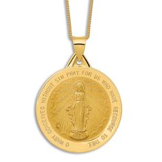 A bold statement of faith, this miraculous medal features the image of the Blessed Virgin and the back is engraved with symbols of protection. Fashioned in 14K yellow gold, the 18-inch box chain secures in place with a spring ring clasp. Symbols Of Protection, Statement Of Faith, Jared The Galleria Of Jewelry, Blessed Virgin, Miraculous Medal, Religious Jewelry, Box Chain, Spring Rings, Yellow Gold