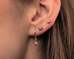 Celestial Curated Ear, 3 Earrings Set, Earrings Moon And Star, 3 Earring Set, Gold Stud Earrings Set, Earring Set Silver, Celestial Earring Stack, Double Earrings Combinations, Earings Aesthetics