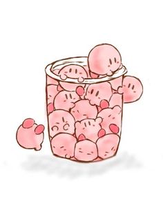 a drawing of a bowl full of pink balls with faces drawn on the bottom and sides