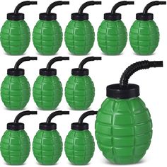 a set of six green water bottles with black caps and nozzles on them