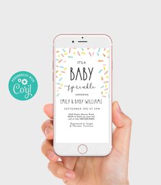 a person holding an iphone with the text it's a baby sprinkle on it