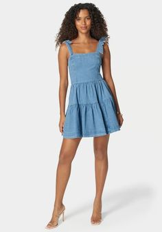 Bow Detail Fit And Flare Denim Dress | bebe Chic Denim Dress For Date Night, Medium Wash Denim Dress For Date Night, Chic Cotton Denim Dress For Date Night, Fitted Ruffled Denim Dress For Day Out, Fitted Ruffle Denim Dress For Day Out, Fitted Denim Dress With Ruffles For Day Out, Dark Wash Cotton Dress For Date Night, Chic A-line Denim Blue Dress, Chic Denim Dress For Brunch