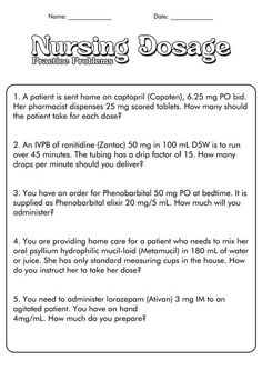 the worksheet for nursing dosage is shown in black and white, with text