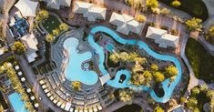 an aerial view of a resort pool surrounded by palm trees and water features in the foreground