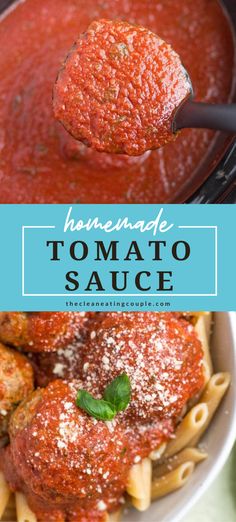 homemade tomato sauce in a bowl with pasta and meatballs