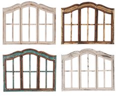 four different types of windows with wooden frames on each window pane, all painted white and blue