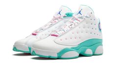 The Air Jordan 13 GS “Aurora Green” is a kids' edition of Michael Jordan’s thirteenth signature shoe with a fresh design for the summer months.  Lauded for its comfort both on and off the court, the Jordan 13 was worn by “His Airness” during his final season with the Chicago Bulls in 1997-98.  This colorful take features a bright Aurora Green felt base with white leather paneling and pink, green, and blue stitching accents.  An embroidered blue Jumpman covers the tongue while a pink Jordan Brand Latest Jordans, Pink Jordans, Jordans Shoes, Nike Shoes Air Force, Jordan 13 Shoes, Air Shoes, New Jordans Shoes, Jordans Girls, Air Jordan 13 Retro