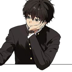 an anime character sitting at a table with his hands on his face and looking to the side