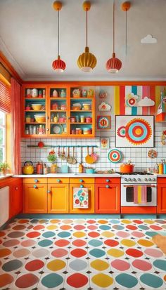 an orange and yellow kitchen with polka dots on the floor, colorful cupboards and cabinets