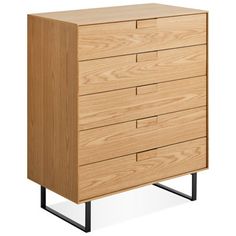 a wooden dresser with four drawers and black metal legs, on an isolated white background