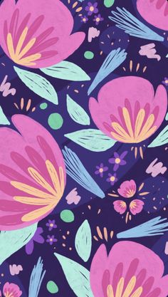 an abstract floral pattern with pink flowers and green leaves on a purple background that is very colorful