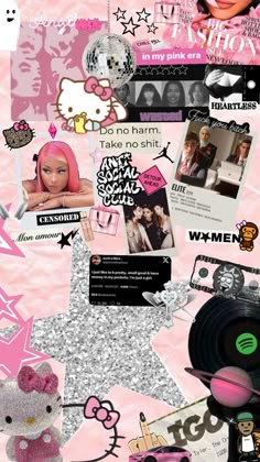 a collage of pink and white items with hello kitty on them, including an image of a woman's face