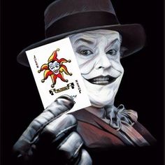 a painting of a clown holding up a playing card