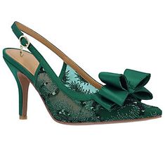 Head out for a night of fun with Deloris, a fabulous slingback pump with an embellished mesh upper accented by a feminine bow, and a memory foam insole that keeps feet comfortable all night long. From J Renee'. Diy Floral Shoes, Shoes For Wedding Guest, Women Pumps Shoes, Bold Shoes, Green Pumps, Stylish Shoe, Floral Shoes, Fancy Shoes, Rhinestone Heels