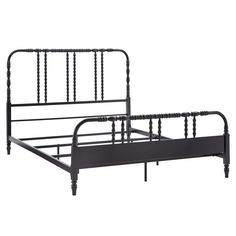 a black metal bed frame with beads on the headboard and foot board, against a white background