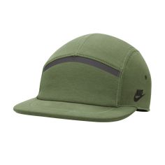 the nike cap is green and has a black stripe on the front, while it's made out of fabric