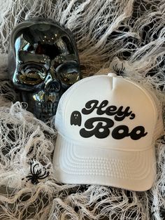 One Size Fits All Trucker Hat with 3D Puff Design Puff Design, Hey Boo, White Hat, Black Hat, White Design, Black Design, One Size Fits All, Trucker Hat, Hats