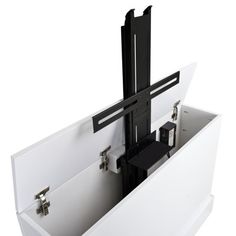 an open white box with black handles and latches on the bottom, in front of a white background