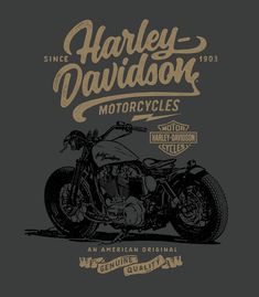 the harley davidson motorcycle is shown in black and gold on a dark background, with an aged