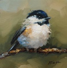 a painting of a blue and white bird sitting on a tree branch with green background