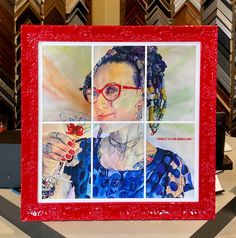 a red frame with four pictures of a woman's face and hands on it