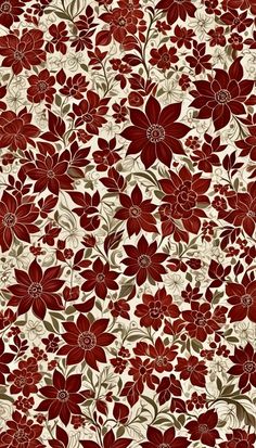 a red and white floral wallpaper with lots of flowers on the bottom half of it