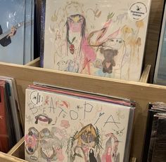 there are many records on display in the store