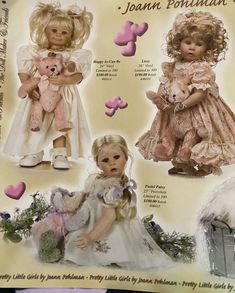 an advertisement for dolls with pictures of children's dresses and teddy bears