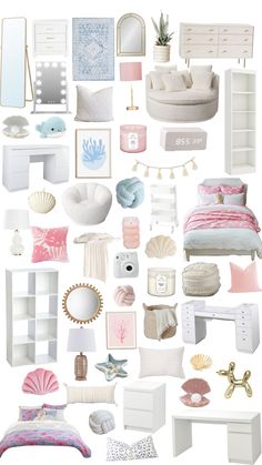 a collage of white and pink bedroom furniture, including bedding, pillows, bookshelves, shelves, lamps, rugs and more