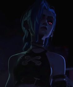 an animated woman with blue hair and red eyes standing in the dark, looking to her left