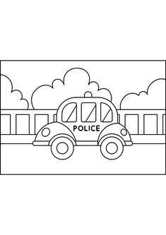 a police car is parked in front of a fence with trees and clouds on it