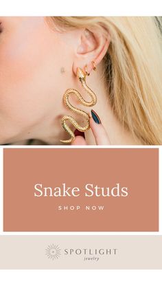 Snake Studs | Festival Outfit Ideas | SpotLight Jewelry | These snake stud earrings are a great way to bring some pizazz to your look. Each one features a lightweight slithering snake that is adorned with your choice of glass birthstone eyes. These make a fun statement piece to add to your collection or to gift to someone else. Add these earrings to your next festival outfit, concert outfit and any other special occasion! Checkout spotlightjewelry.com for more. Goth Earrings, Punk Earrings, Animal Earrings, Gold Snake