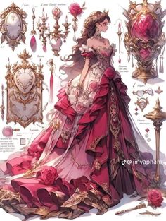 a drawing of a woman in a pink dress surrounded by jewelry and roses on display