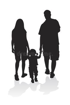 the silhouettes of two adults and a child walking with their hands in each other's pockets