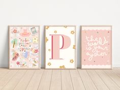 three children's wall art prints in pink, gold and white with the letter p