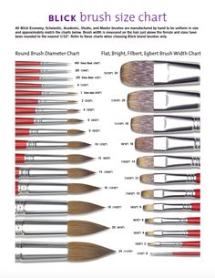 the brush size chart for all different types of brushes and their names are shown in red