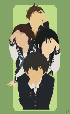 four anime characters are standing together in a group, one is wearing a sailor's uniform