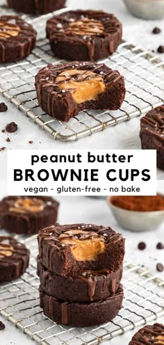 chocolate peanut butter brownie cups are stacked on a cooling rack and ready to be eaten