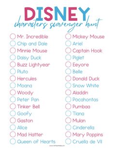 the disney character survey list is shown in blue and pink