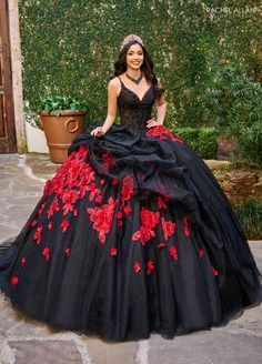 Black Quince Dress, Off The Shoulder Corset Dress, Dama Dresses Quinceanera, 1500 Dresses, Floral Cape, Black Quinceanera Dresses, Red Quinceanera Dresses, Dama Dresses, Red Theme