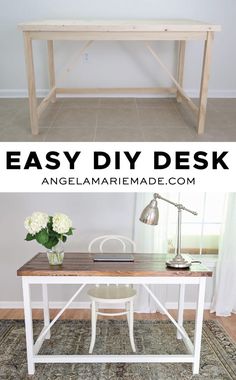 an easy diy desk made out of two different pieces of wood and white paint